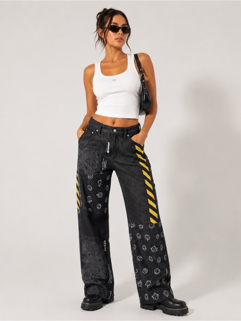 Finesse Jacko Jeans Size XL Black Smiley Patchwork